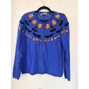 Vintage Berek 2 Halloween Sweater XL Pumpkin Bats Beaded Zip Cardigan